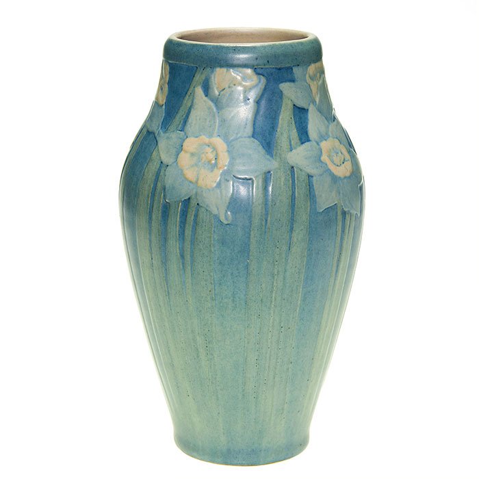 Newcomb, Littlejohn, jonquils, Meyer, 8 1/2”: Newcomb College 8 1/2 inch vase, thrown by Joseph Meyer and decorated with jonquils and covered with mat glazes, the work of Cynthia Pugh Littlejohn in 1916. Marks on the bottom include the Newcomb Co