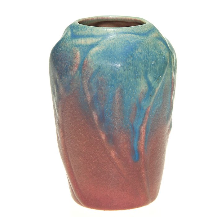 Van Briggle, vase, USA, Mulberry 5 1/4”: Van Briggle 5 1/4 inch vase with molded leaf design covered in the Mulberry glaze. Marked on the bottom with the company logo, Van Briggle and U.S.A. There is no crazing.