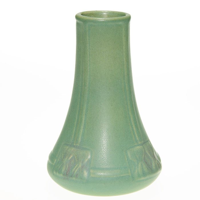 Van Briggle vase, 1906, 347, 6”, green mat: Van Briggle 6 inch vase with a molded geometric design, cast in 1906 and covered with a soft green mat glaze. Marks include the company logo, Van Briggle, 1906 and the shape number 347. Excellent orig