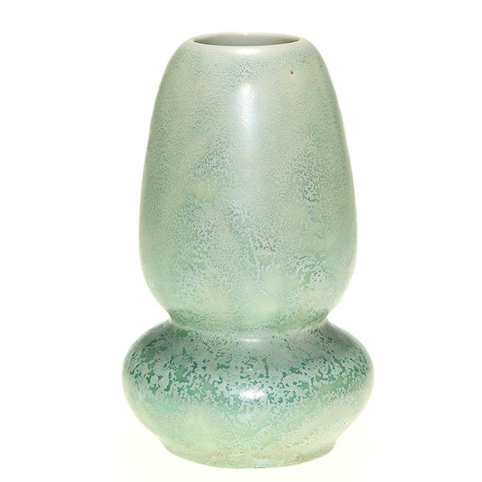 Zsolnay Crystalline vase, 4 3/4”: Unusual and early Zsolnay 4 3/4 inch vase covered with a nice light green crystalline glaze. Raised mark with the with five churches log and impressed 5488. In excellent original condition.