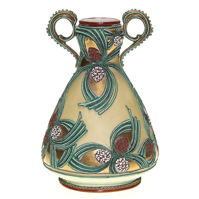 Nippon Moriagi handled vase, pine cones, 8”: Nippon Moriagi Arts & Crafts style vase with scroll handles attractively decorated with pine cones caressed by pine needles and reflective gold. Height 8 inches. Green leaf Nippon, Hand Painted logo o