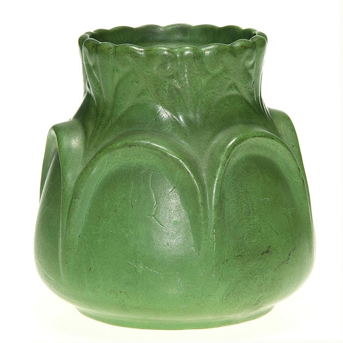 Roseville Egypto vase, wafer seal, 5 3/8”: Roseville Rozane Egypto 5 3/8 inch molded leaf design covered with a nice green mat glaze. Marked with the raised Rozane Ware Egypto wafer. In excellent original condition.