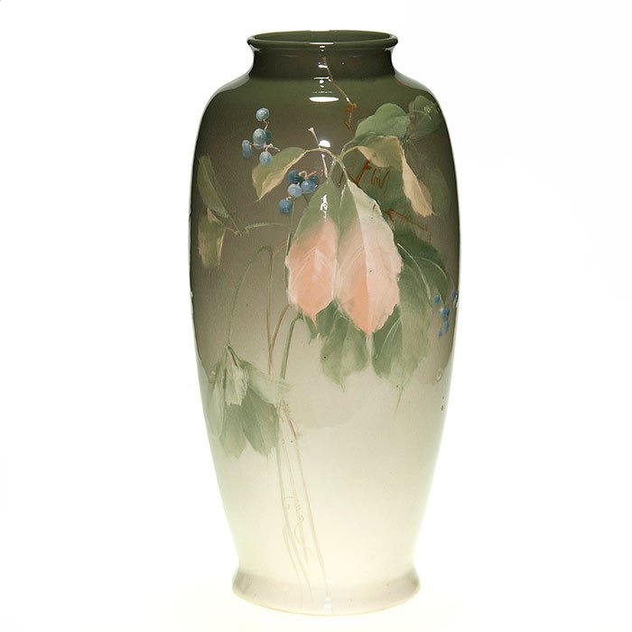 Rozane Royal vase, woodbine, Timberlake, 17 5/8”: Large Roseville Rozane Royal Light vase with colorful woodbine decoration done by Mae Timberlake. Signed by the artist on the top edge of the foot ring. Height 17 5/8 inches. Fine overall crazing and 