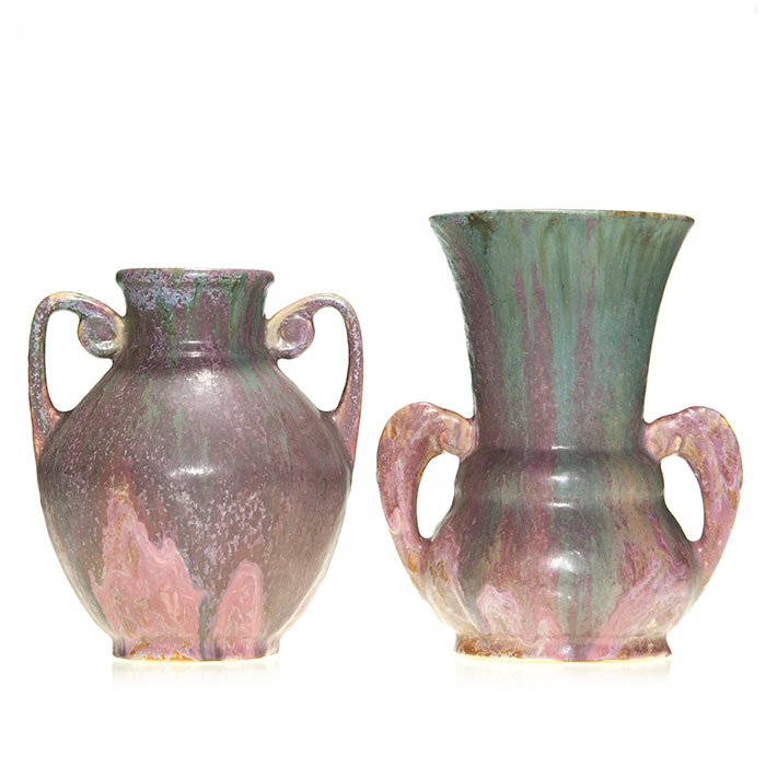 2 Roseville Carnelian II vases, pink, 7 1/8 + 8”: Two Roseville Carnelian II vases in pink, shapes 311-7 and 332-8. Both are unmarked and both are in excellent original condition with thick, gloopy glaze. Height of 311 is 7 1/8 inches and height of 3