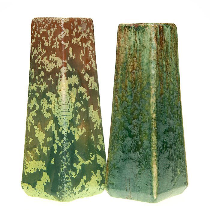 Two Weller Frosted Matt vases, 9 7/8 + 9 1/2”: Two Weller tapering square vases done with Frosted Matt glaze. Neither is marked and both have differing glaze colors and both are in excellent original condition. Height of one is 9 1/2 inches and th