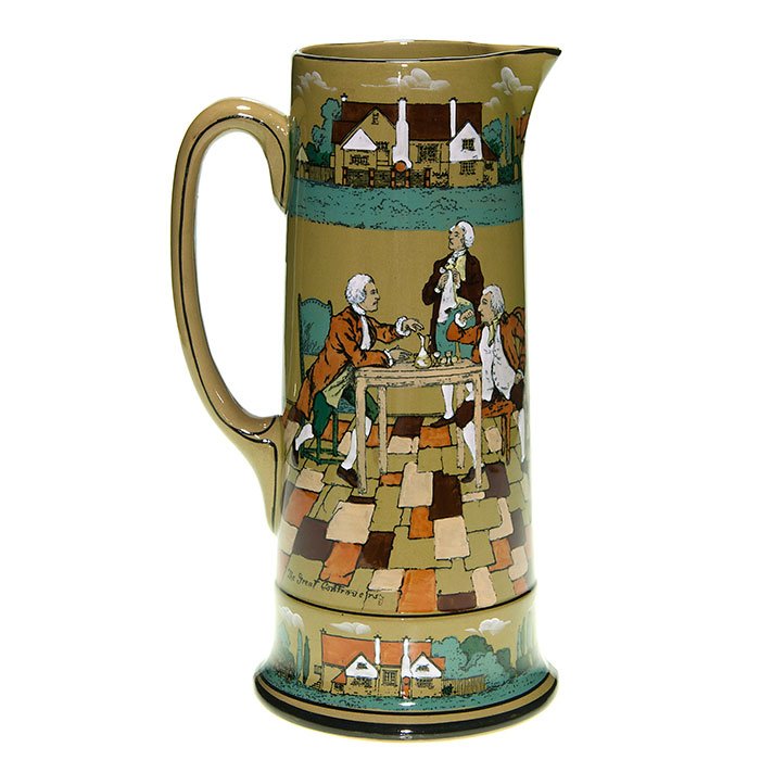Buffalo Deldare tankard, Great Controversy, 12 3/8”: Buffalo Pottery 12 3/4 inch Deldare tankard, painted by an artist’s who’s name we can’t quite make out - either T or L Ball, Bell or Bill - with a scene entitled “The Great Controversy”, whi
