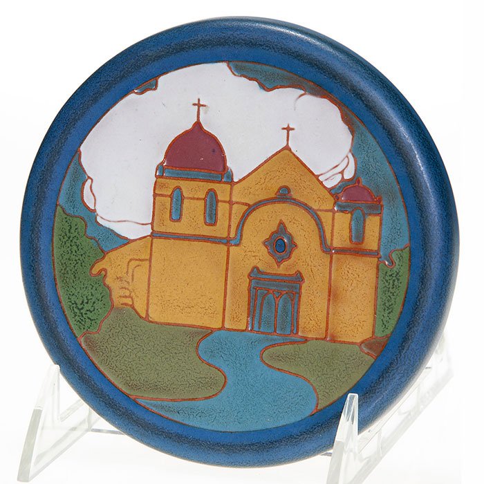 California Faience “Mission” tile, advertising, 5 1/4”: Good California Faience “Mission” circular tile done in rich mottled mat glazes totaling at least six different colors. Incised “California Faience” on the back and also marked “Compliments