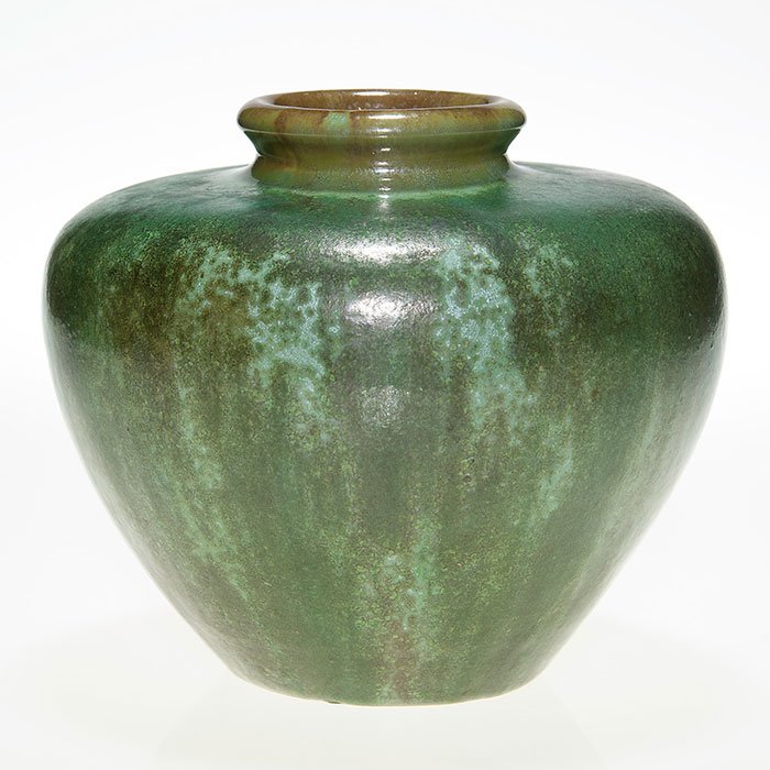 Fulper vase, cucumber crystalline, 6 3/4” x 8 3/8”: Fulper Pottery vase covered with a nice example of the Cucumber Crystalline glaze. Marked on the bottom with the die stamped “incised” Fulper mark. Size is 6 3/4 inches high by 8 3/8 in diameter. 