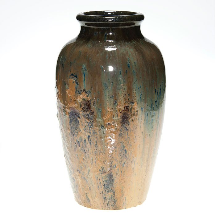 Fulper Pottery vase, Butterscotch flambe’, 11 1/2”: Fulper Pottery 11 1/2 inch vase covered with the Butterscotch flambe’ glaze. Marked on the bottom with the die stamped “incised” mark which has unfortunately been mostly obliterated by a drill h