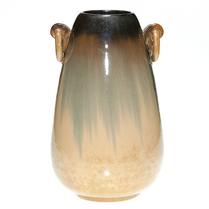 Fulper Ring Handled vase, Cat’s Eye Flambe’, 12 1/2”: Fulper Pottery 12 1/2 inch vase with twin ring handles covered in the Cat’s Eye Flambe’ glaze. Marked on the bottom with the Fulper vertical “racetrack” ink stamp. Excellent condition with a n