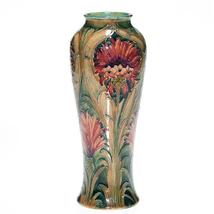 Moorcroft MacIntyre Brown Crysanthemum, 8 5/8”: Moorcroft MacIntyre Brown Crysanthemum vase, circa 1913, made for John Walsh Ltd. Sheffield. Marked with the circular “MacIntyre Burslem England” ink stamp logo, impressed shape number 98 A, “W.