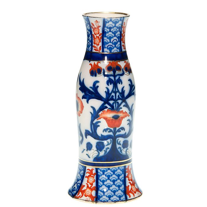 Moorcroft MacIntyre Aurelian vase, 8”: MacIntyre Aurelian vase designed by William Moorcroft and covered with colorful transfer designs. Marked with the circular “MacIntyre Burslem England” ink stamp logo and Registry Number 314901. He