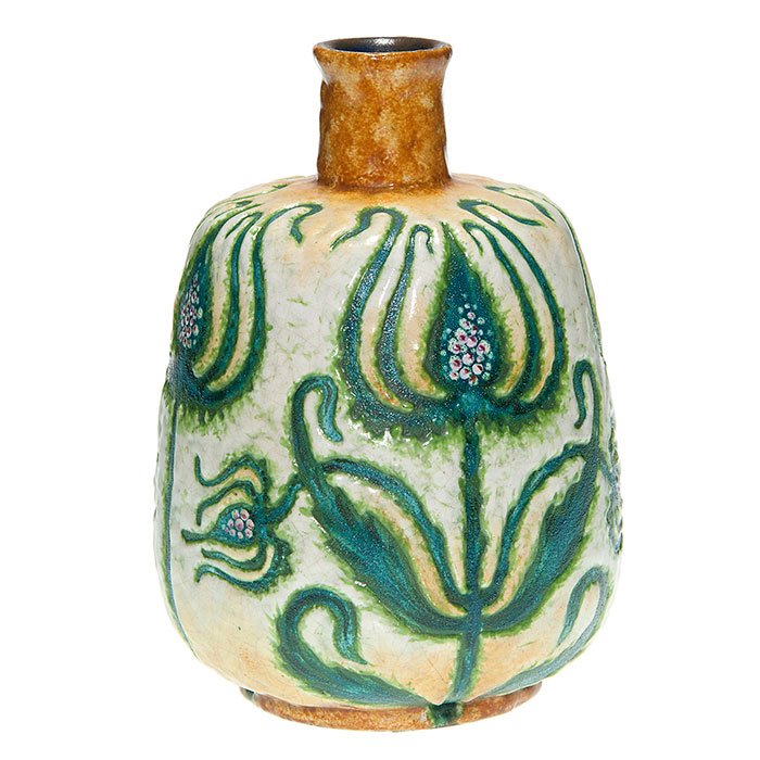 Royal Bonn “Ruysdael” vase, thistles, 7 3/4”: Royal Bonn “Ruysdael” vase with hand painted thistle decoration. Painted and impressed Royal Bonn marks and signed “Ruysdale Germany” on the bottom. Height 7 3/4 inches. There is a 1/4 inch gl