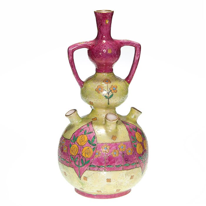 Amphora multi spout vessel, Dachsel design? 13 1/2”: Colorful Amphora twin handled vase with four spouts, most likely a Paul Dachsel design. Faintly impressed “Austria Amphora” logo in thin ovals. Height 13 1/2 inches. Excellent original condition w