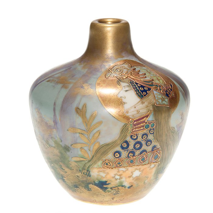 Amphora vase, woman, Kannhauser, 4 3/8”: Small but radiant Amphora “Allegory of Germany” vase, a Nikolaus Kannhauser design, made at Riessner, Stellmacher and Kessel. The vase is marked with the R.St.&K red ink stamp logo and bears the i