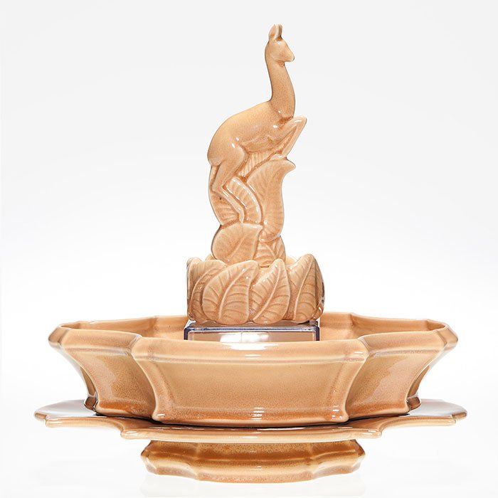 Cowan Mayflower Stag set, caramel, 8 1/4”: Cowan “Mayflower Stag” flower holder, a Waylande Gregory design, with a bowl and stand all done in matching Caramel glaze. The stag is 8 1/4 inches high. The bowl is 2 1/2 inches high, 11 1/2 inch