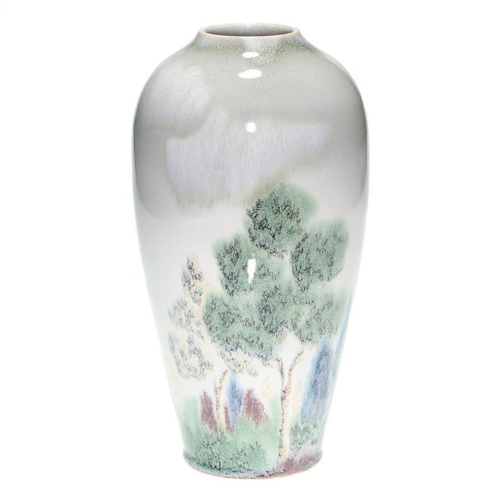 Chris Powell landscape, gloss finish, 2012, 10 3/8”: Chris Powell is a contemporary ceramic artist and ceramics teacher from the Columbus, Ohio area. This cloudy landscape vase features several layers of slip and glaze designed by Chris to give depth an
