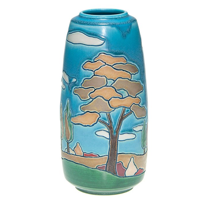 Chris Powell incised landscape, mat, 2013, 9 1/2”: Colorful Chris Powell crystalline mat glaze landscape vase. The design is deeply incised into the clay body helping define the scene and acting as a barrier for the various colors. The glazes have a d