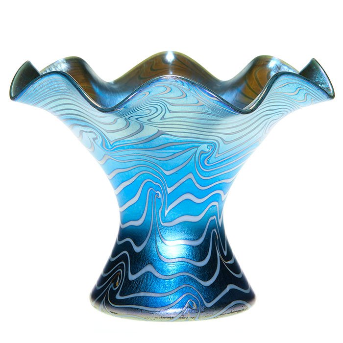Durand “King Tut” vase, iridescent blue, 4 1/2”: Handsome Durand ruffle top vase in shiny blue luster attractively decorated with the company’s famous “King Tut” pattern in opal white. Height 4 1/2 inches. Shape 723 according to Edward Meschi�