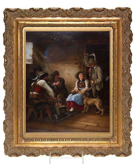 KPM plaque, “Woodcutter Defforge”, 10”X12 1/2”: Good KPM porcelain plaque entitled “Woodcutter Defforge”. The scene takes place indoors and depicts a young lad toting a couple of axes and smoking an ornately carved pipe while conversing with a