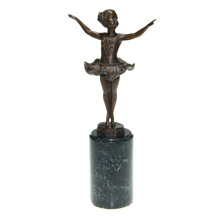 Ferdinand Preiss bronze, ballerina, 12 3/4”, marks: Ferdinand Preiss bronze of a young ballerina poised in a graceful “En Point” position and lofted on a tall marble cylinder. Height 12 3/4 inches. Coin-like makers mark reads “Bronze Garanti Pari