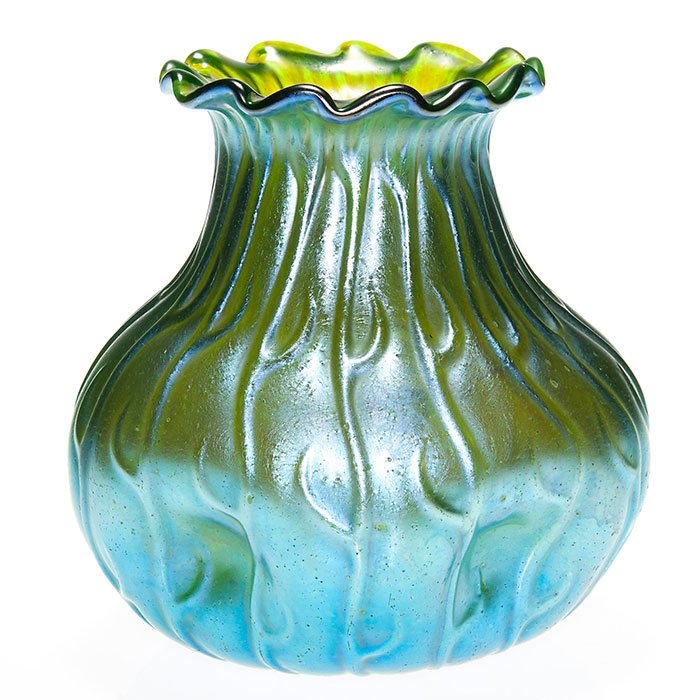 Loetz Creta Silberiris “Neptun” bag vase, blue, 5 1/2”: Nice Loetz Creta Silberiris “bag” vase with the Neptune pattern in bright iridescent blue. The lower portion of the body has been pressed in five times, the rim flared and furnished a neat wave to