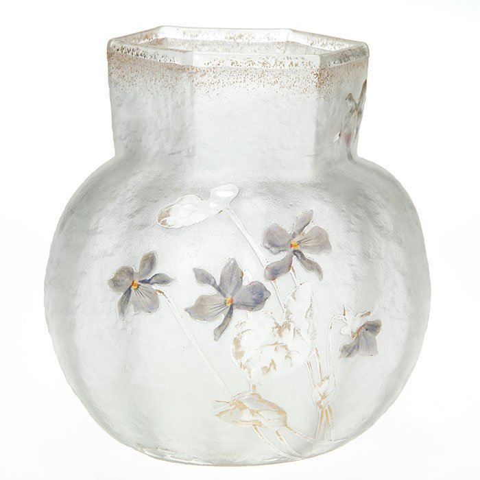 Daum attributed cameo enamel vase, violets, 4 3/4”: Cameo and enamel vase attributed to Daum Nancy with whitish blue violets and gold accented leaves scattered over a rippled frosty surface. Height 4 3/4 inches. Faint gold “15” on the bottom. Gold