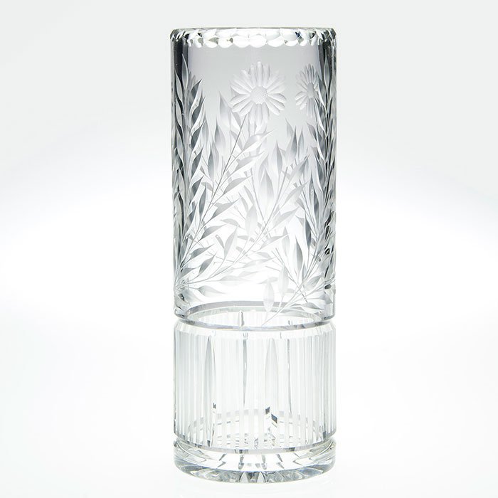 Fry cut glass vase, wheel carved, 10”, signed: Fry crystal cylinder vase nicely wheel carved with long stem flowers and vertical veins. Height 10 inches. Acid stamped “Fry” near the dental cut rim. Light surface scratches, otherwise very good 