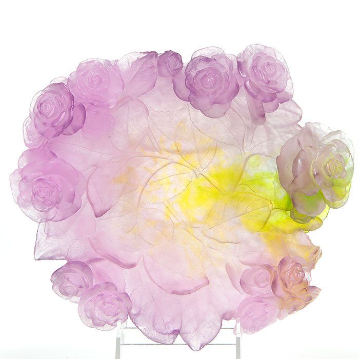 Modern Daum “Roses” pate-de-verre bowl, 3 1/4”: Modern Daum Pate-de-Verre sculpture characteristic of fresh cuttings of a bakers dozen plus of long stem roses neatly arranged in a bowl. Measures 3 1/4 inches by 11 inches across. Engraved “Daum Fr