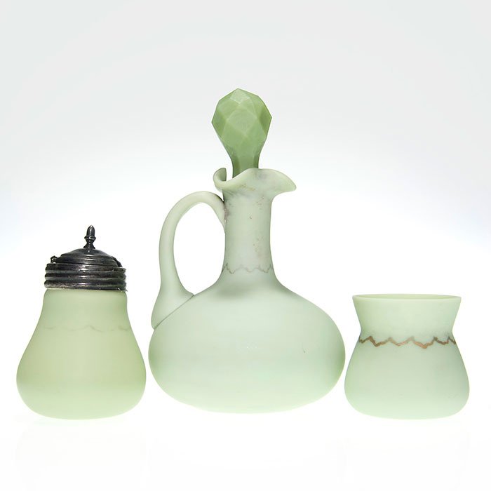 New England Green Opaque:toothpick,mustard,cruet: New England Green Opaque trio. 1) A 3 1/2 inch velvety smooth mustard pot having the original metal collar and hinged lid showing great patina. 2) Charming 2 inch holder for your toothpicks (or a mini