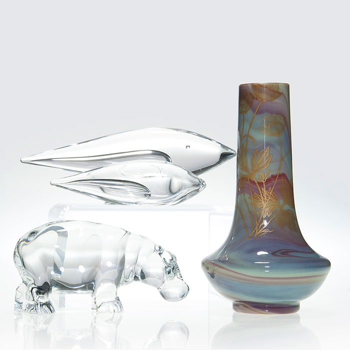 4 items:Baccarat hippo, 2 Kosta whales, Sevres vase: European 4 piece group. 1)Crystal Baccarat hippo, 3 inches by 6 inches. Acid stamp logo. Excellent condition. 2) Kosta crystal mother & calf whale figures measuring 1 7/8 inches by 8 inches and 1 1/2