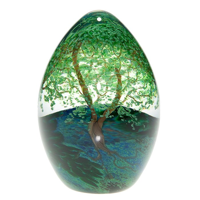 Cathy Richardson paperweight, summer, 5”, ‘08, sig: Cathy Richardson “ostrich egg” paperweight showing a wooded meadow in the good ol’ summertime, on the banks of a meandering creek bed. Height 5 inches. Engraved by the artist with the 2008 date.