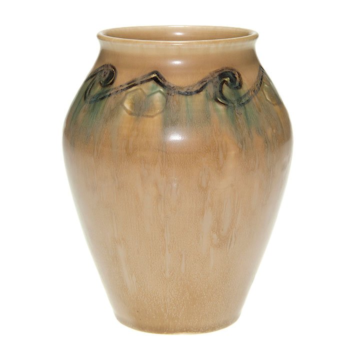 Rookwood mat vase, Todd, 1919, 915 E, 5 3/4”: Mat glaze 5 3/4 inch vase with a lightly incised decorated band at the shoulder, the work of Charles Todd in 1919. Marks include the Rookwood logo, date, shape 915E and the artist’s incised initials