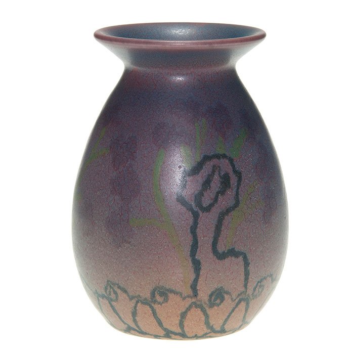 Rookwood mat vase, Todd, 1921, 607 C, 5 3/8”: Mat glaze vase decorated by Charles Todd in 1921 with a repeating floral pattern. Marked with the Rookwood logo, date, shape 607C, the artist’s incised initials and a wheel ground X owing to the dec