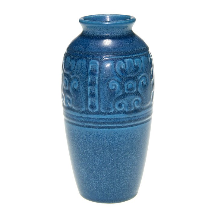Rookwood production vase, blue, 1929, 6”: Production 6 inch vase with molded floral design, cast in 1929 and covered with dark over light blue mat glazes. Marks include the Rookwood logo, date and shape 2888. Excellent original condition with