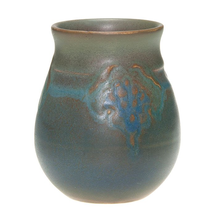 Rookwood mat vase, Todd, 1913, 63, 4 3/8”: Mat glaze 4 3/8 inch vase decorated with three carved and colored clusters of grapes, the work of Charles Todd in 1913. Marks include, the Rookwood logo, date, shape 63 and the artist’s incised init