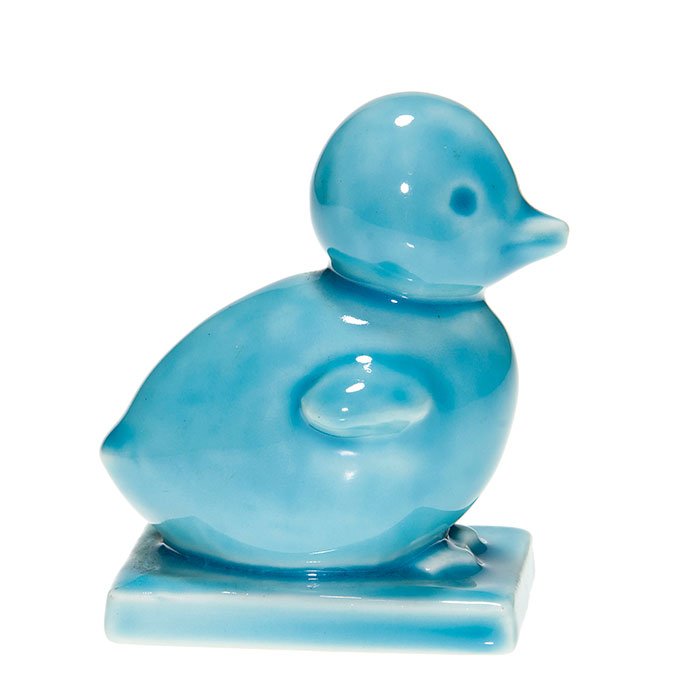 Rookwood “Chick” paperweight, Abel, 1937, 3 5/8”: Rookwood “Baby Chick” paperweight done in blue high glaze in 1937. A Louise Abel design, the chick is marked with the Rookwood logo, the date, shape number 6169 and Abel’s cast in monogram. Heig