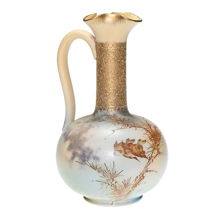 Rookwood Dull Finish ewer, Daly, bird, 1885, 11 1/4”: Dull Finish ewer decorated with a pair of swallows in flight and lots of gold accenting, the work of Matt Daly in 1885. Impressed Rookwood in block letters with the date, shape 101A, a Y for yellow cl