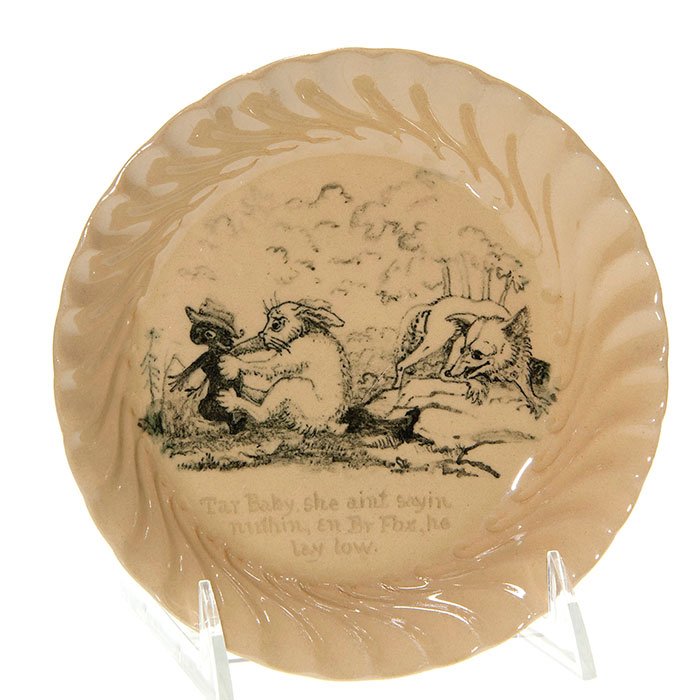 Uncle Remus dish, Cranch, Rookwood, 1888, 6 1/4: Rookwood coupe dish with a E.P. Cranch rendition of an Uncle Remus story done at Rookwood in 1888. Cranch seems to have been a fan of Joel Chander Harris’s Uncle Remus tales and in this instance has