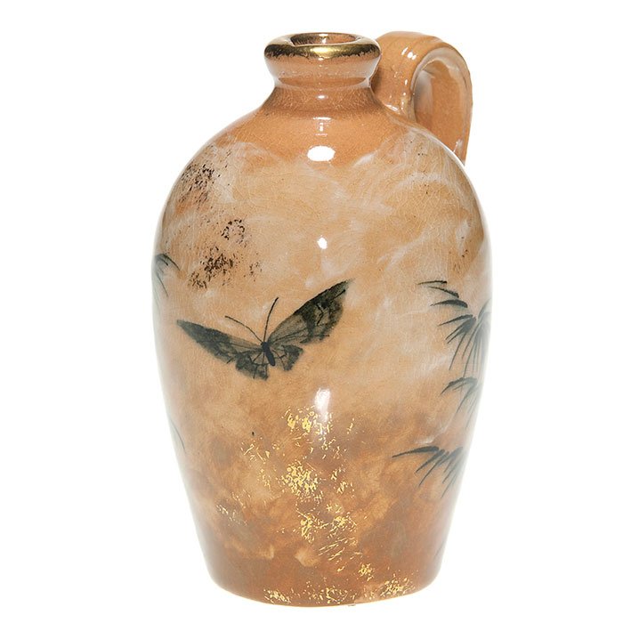 Rookwood Limoges perfume, butterfly, 1884, 4 5/8”: Rookwood Limoges style perfume jug done by an unknown artist in 1884. Pictured is a finely detailed butterfly among grasses and clouds. Impressed marks include “Rookwood” in block letters, the dat