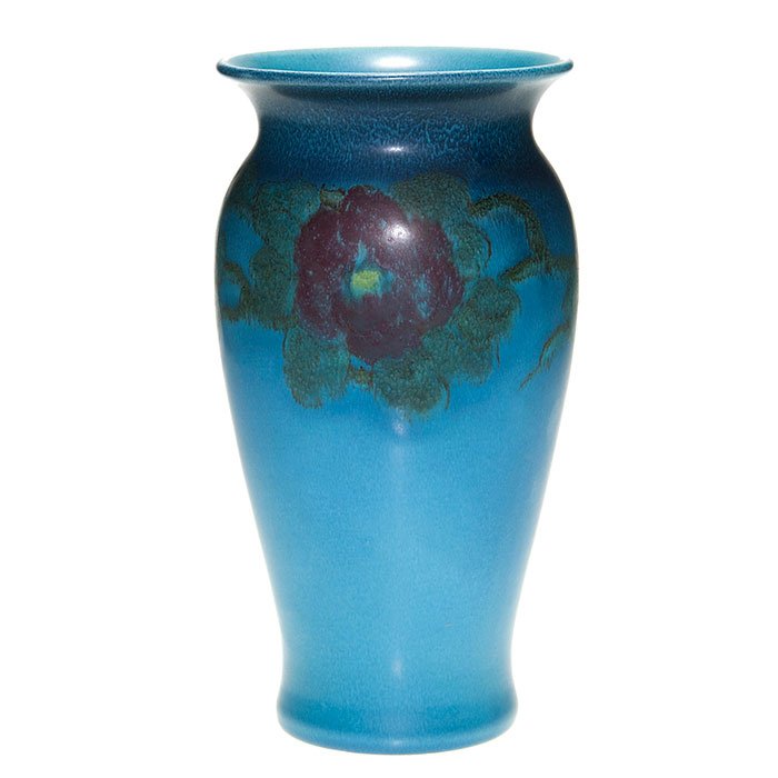 Rookwood Mat vase, Tischler, 1924, roses, 11 3/4”: Mat glaze vase decorated with roses encircling the shoulder, the work of Vera Tischler in 1924. Marks include the Rookwood logo, date, shape 2786 and the artist’s initials in brown slip. Height is 1