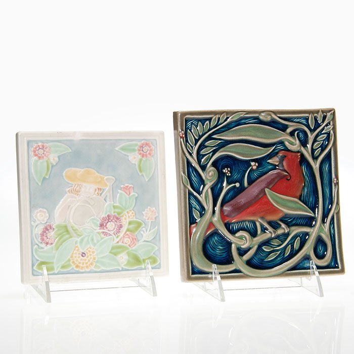 Rookwood Girl in Garden, 6781, 1940, 2011 RW tile: A pair of Rookwood tiles. 1) 1940 Girl in Garden 5 1/4 inch square decorated in vellum glazes. Marks include the Rookwood logo, date and shape 6781. There is a 1/4 chip in the white border at the top 