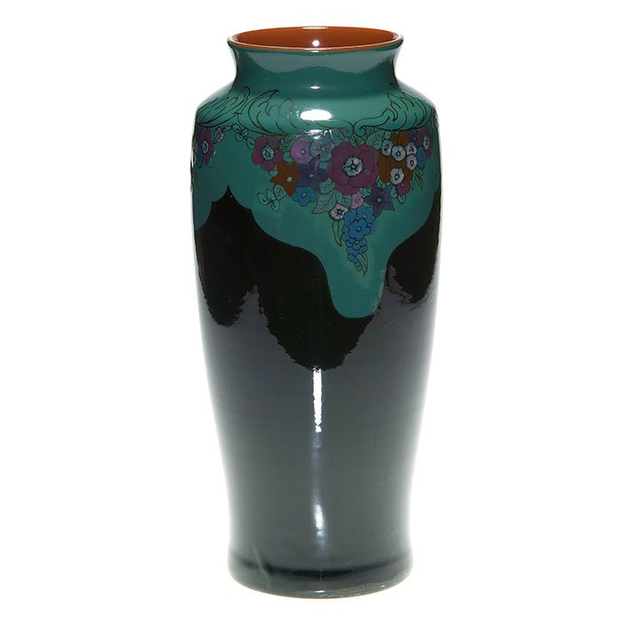 Rookwood French Red vase, Sax, 1922, 12 3/4”: Rookwood 12 3/4 inch French Red vase, nicely decorated with a repeating floral pattern, the work of Sara Sax in 1922. Marks include the Rookwood logo, date, shape 1664C and the artist’s impressed mo