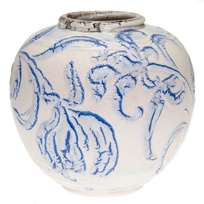 Rookwood vase, butterfat, floral, 7”, 1946, 6204C: Butterfat glaze 7 inch vase decorated with an attractive blue and white floral motif, the work of Kay Ley in 1946. Marks include the Rookwood logo, date, shape 6204C, the artist’s incised initials a