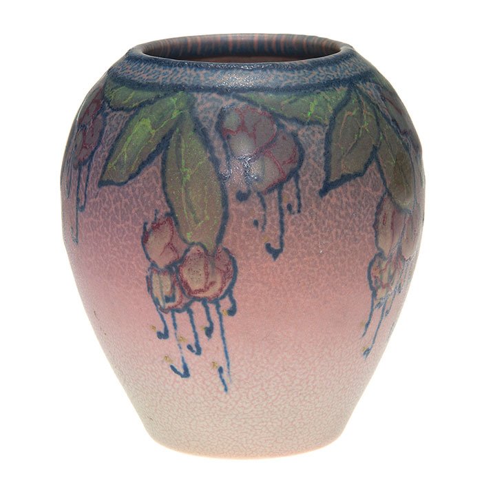 Rookwood mat floral vase, Tischler, 1922, 4 5/8”: Decorated mat glaze 4 5/8 inch vase with a repeating floral pattern, the work of Vera Tischler in 1922. Marks include the Rookwood logo, date, shape 2100 and the artist’s initials in blue slip. Exce