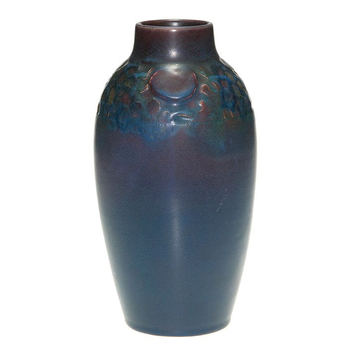 Rookwood mat vase, Todd, 1913, 940 D, 9 5/8”: Mat glaze vase with incised and colored floral motif around the shoulder by Charles Todd in 1913. Marks include the Rookwood logo, date, shape 940D and the artist’s incised initials. Height is 9 5/8