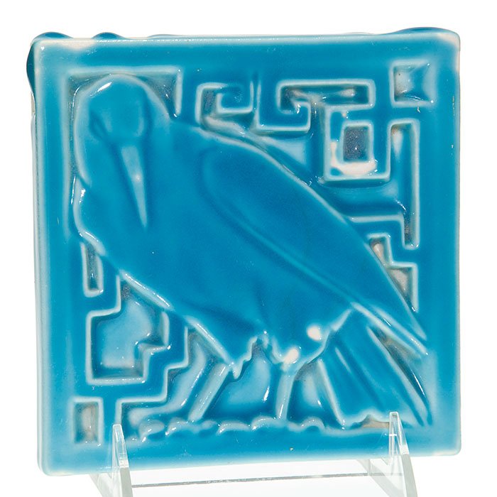 Rookwood Rook trivet 5 1/2”, blue high glaze: Rookwood Rook trivet cast in 1940 and covered in a blue high glaze. Size is 5 1/2 inches square. Marked with the Rookwood logo, date and shape 1794. There are several areas on the surface and sides th