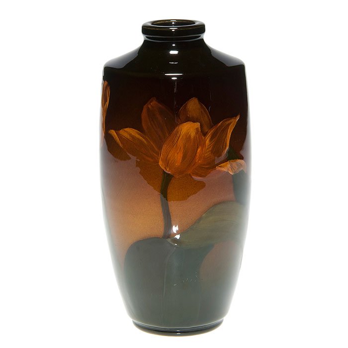 Rookwood Standard, tulips, Vreeland, 1901, 7 3/8”: Standard glaze 7 3/8 inch vase decorated with tulips, the work of Francis Vreeland in 1901. Marks include the Rookwood logo, date, shape 755 DD and the artist’s incised initials. There is light over