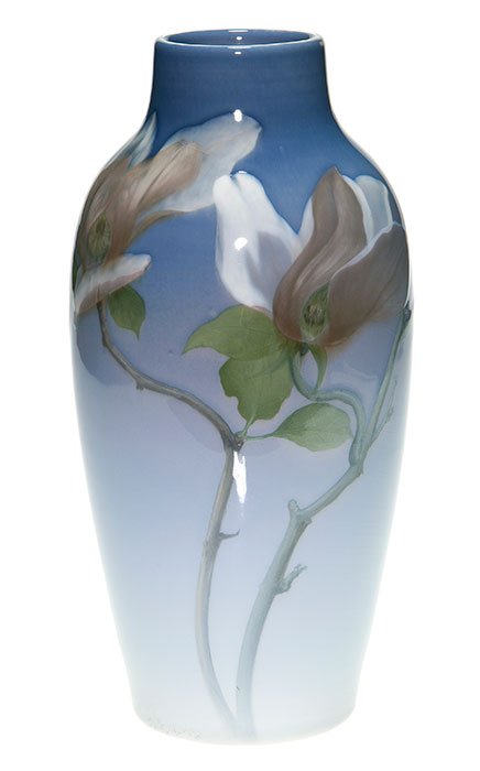 Rookwood Iris vase, Schmidt, magnolia, 1903, 11”: Good Rookwood Iris glaze vase with life-size magnolia blossoms done in 1903 by Carl Schmidt. Three full size blossoms grace the vase, covering approximately 70% of the surface. The flowers and stems a
