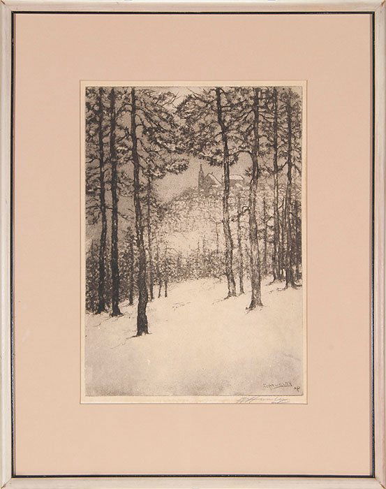 E.T. Hurley print, Eden Park in the Snow, 8 3/8 x 12: E.T. Hurley print from 1940 entitled “Eden Park in the Snow” showing the Holy Cross Immaculata Church perched high atop Mt. Adams as seen through the snow covered woods below. Framed to 14 3/4 inc